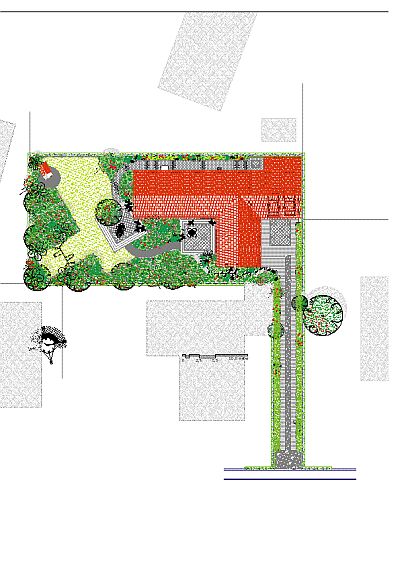 En have med lang indkrsel og diagonal plne.